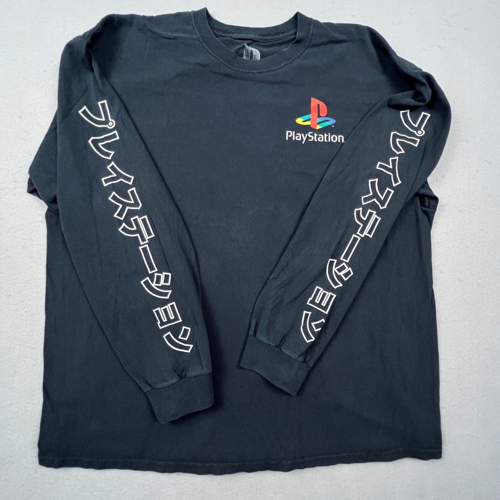 PlayStation Long Sleeve Shirt Mens XL Black‎ Japanese Katakana Graphic Gamer Tee